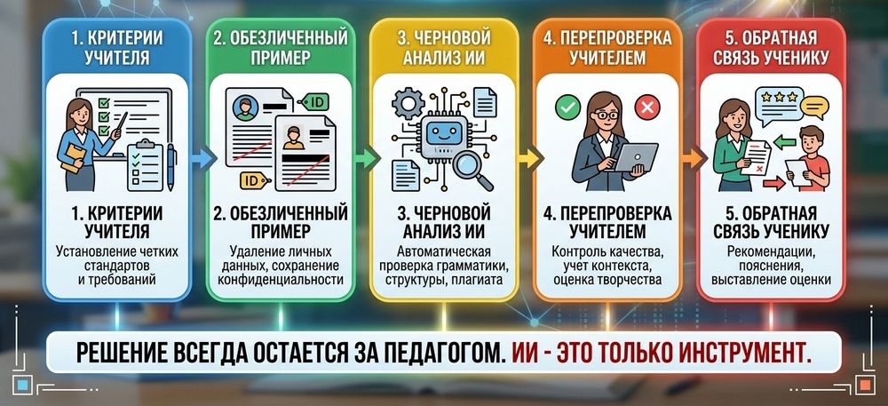 Пять этапов проверки учебной работы с помощью ИИ под контролем учителя