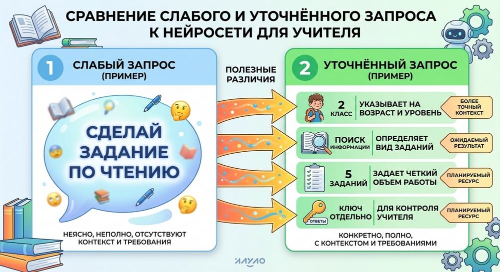 Сравнение слабого и уточнённого запроса к нейросети для учителя